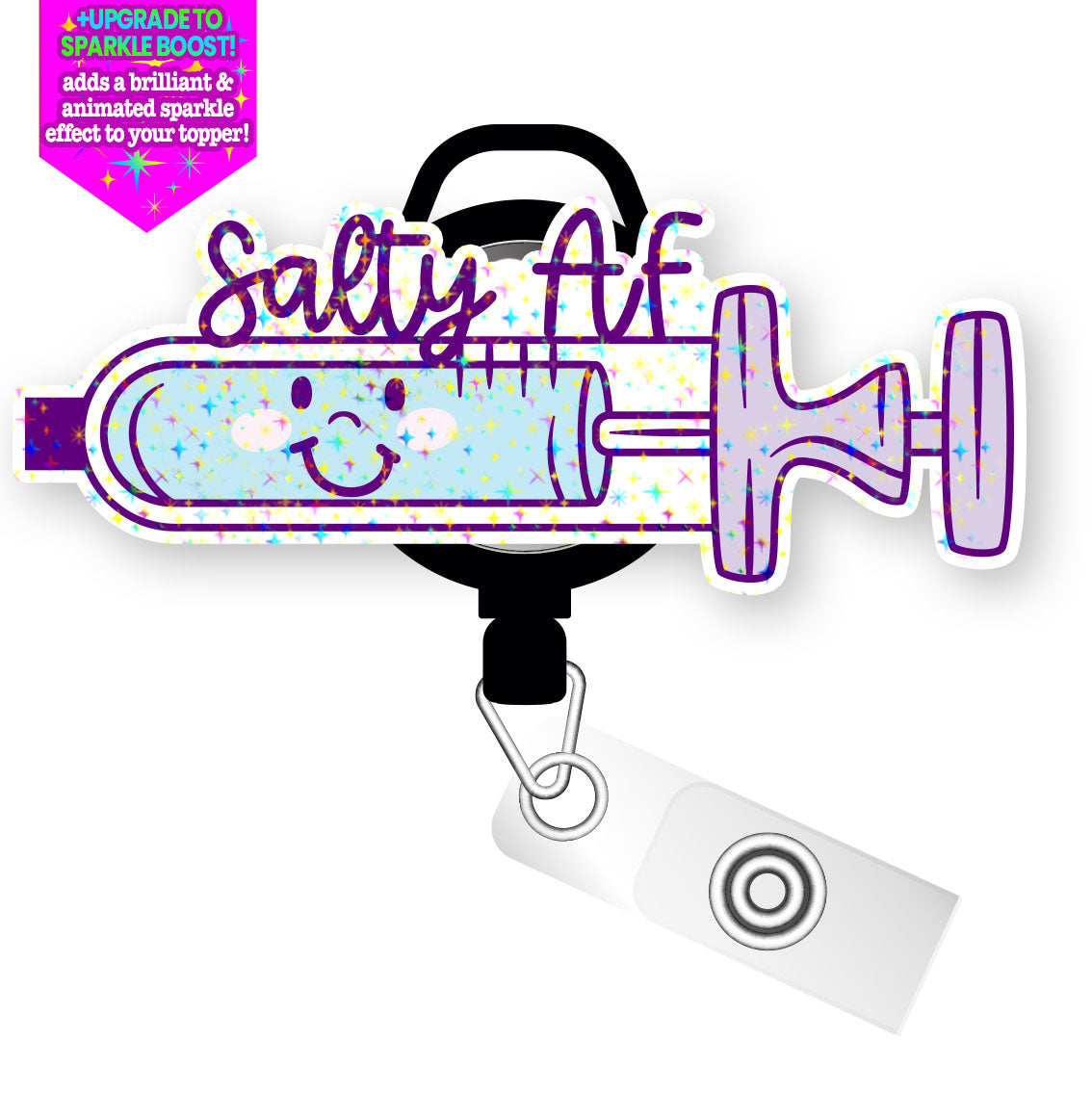 Salty Syringe Pop Topper Swapfinity Retractable ID Badge Reel - Slide Clip / Make it Sparkle - Topperswap