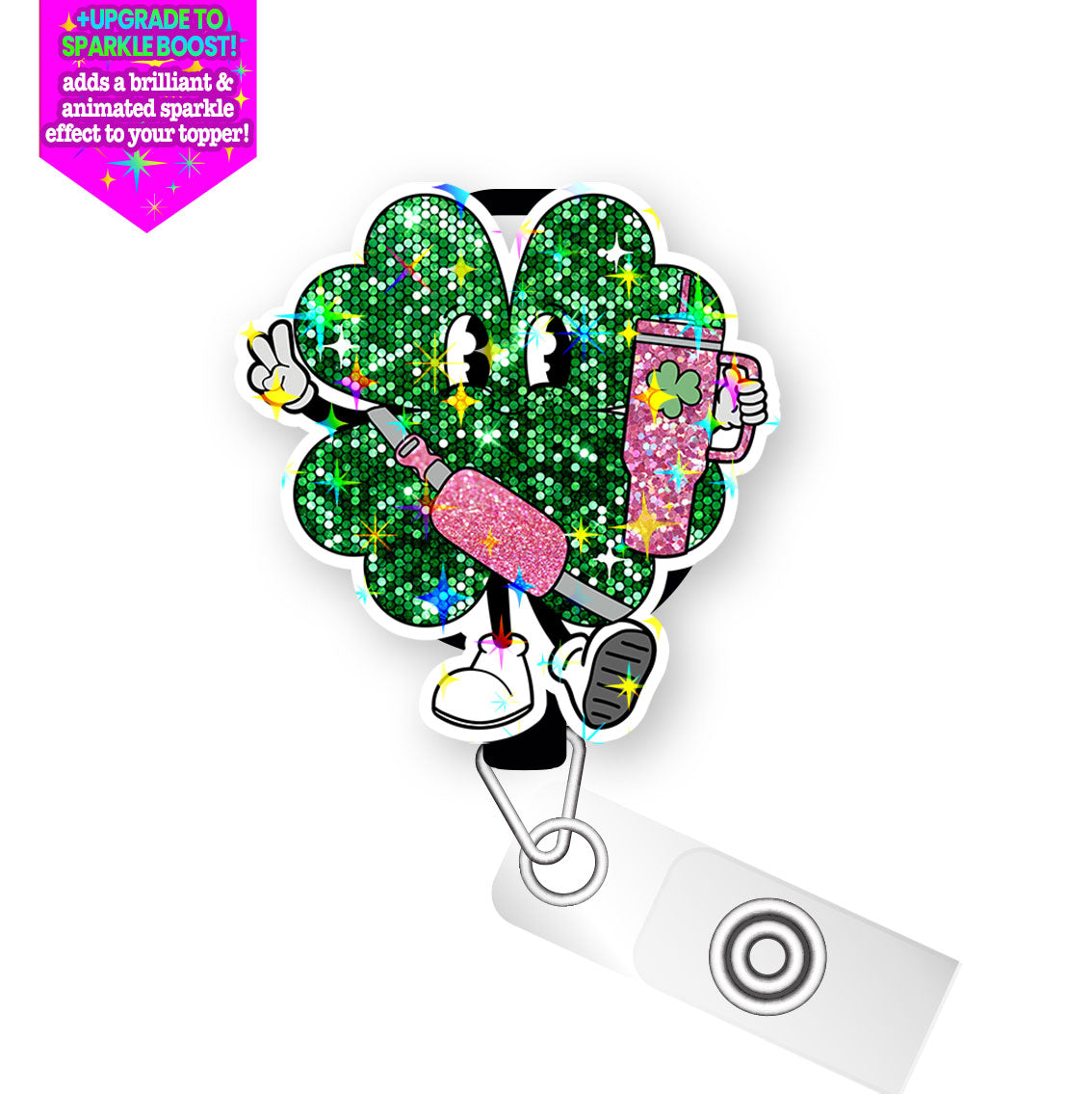 Glitter Shamrock Diva Pop Topper Swapfinity Retractable ID Badge Reel - - Topperswap