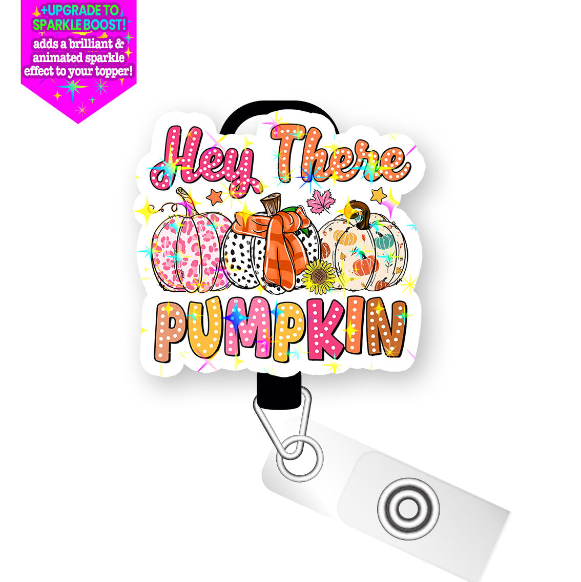 Pumpkin Greetings Pop Topper Swapfinity Retractable ID Badge Reel - Slide Clip / Make it Sparkle - Topperswap