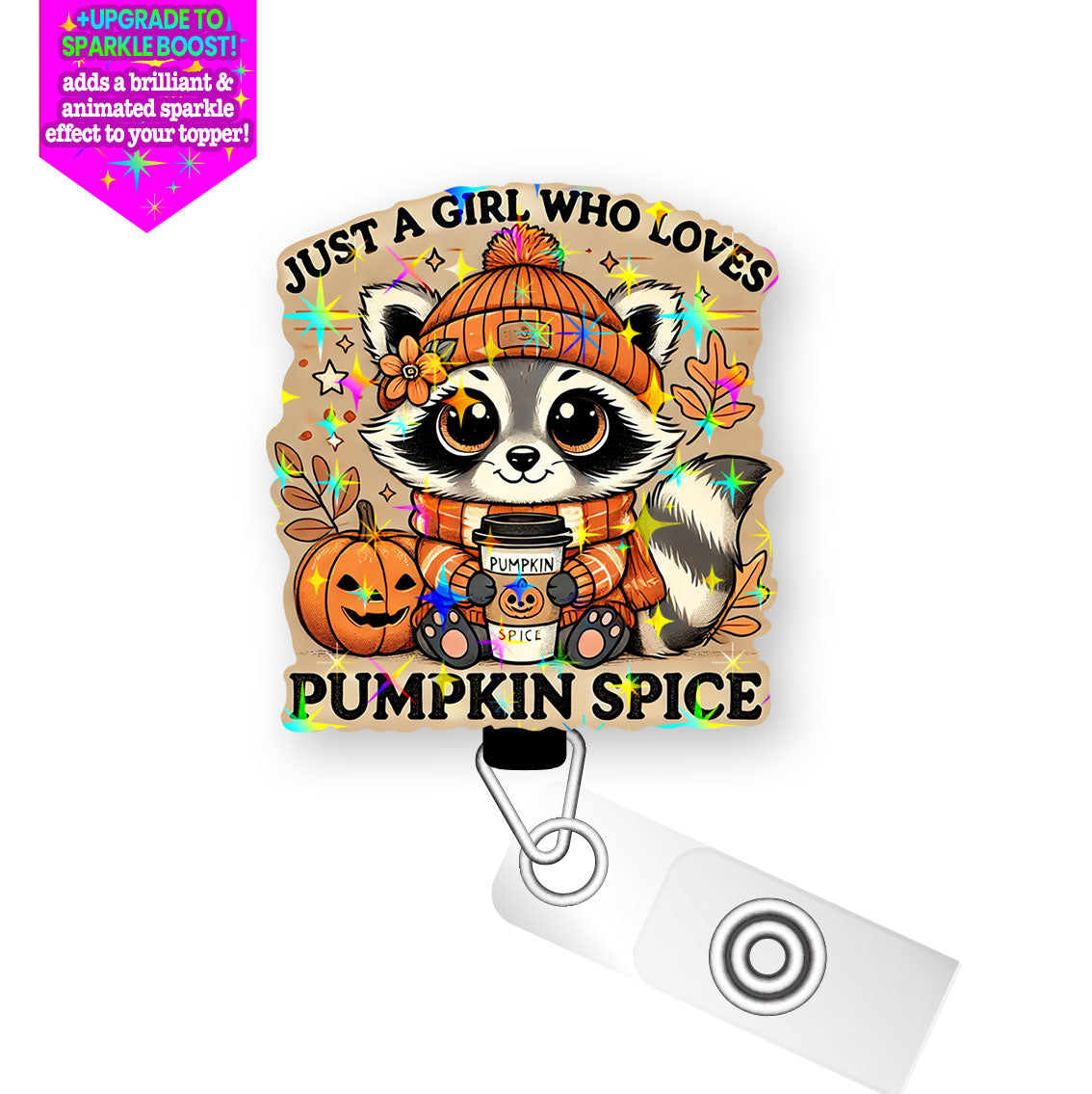 Pumpkin Spice Raccoon Pop Topper Swapfinity Retractable ID Badge Reel - Slide Clip / Make it Sparkle - Topperswap