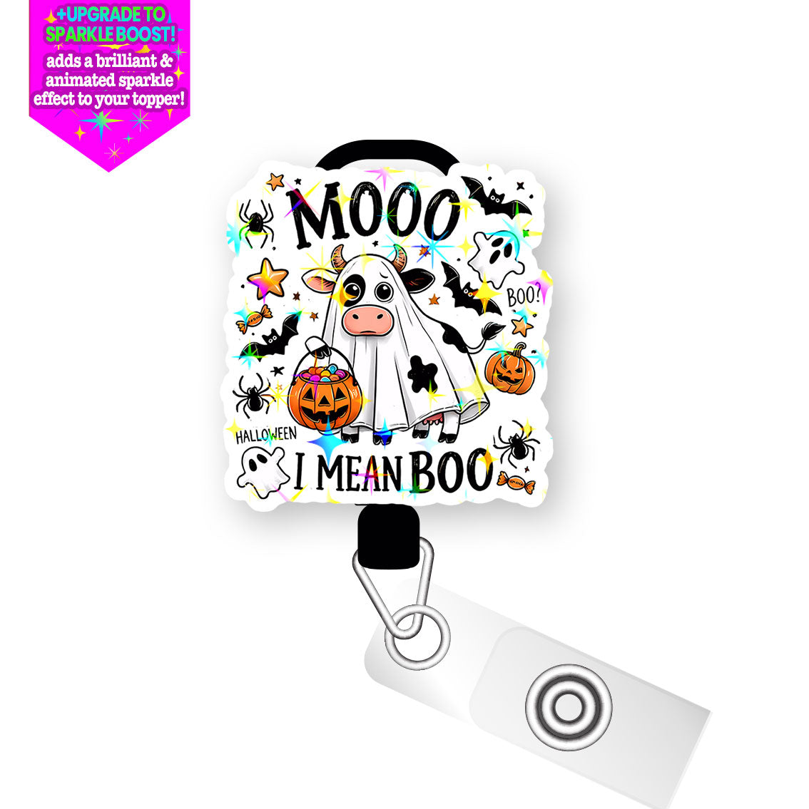 Mooo I Mean Boo Pop Topper Swapfinity Retractable ID Badge Reel - Slide Clip / Make it Sparkle - Topperswap