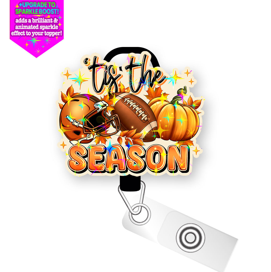 Game Day Pumpkin Pop Topper Swapfinity Retractable ID Badge Reel - Slide Clip / Make it Sparkle - Topperswap