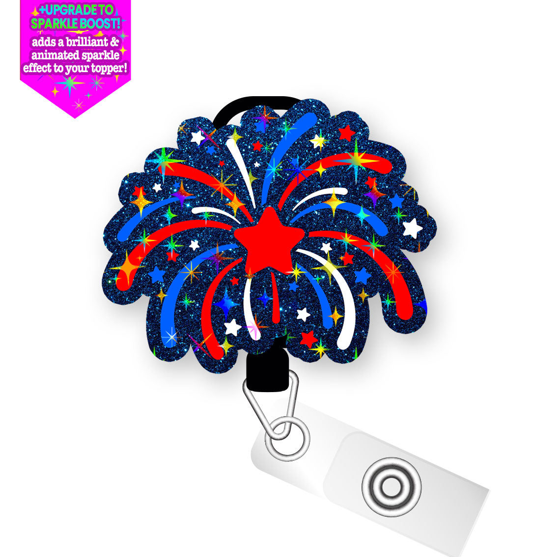 4th of July Fireworks Frenzy Pop Topper Swapfinity Retractable ID Badge Reel - Slide Clip / Make it Sparkle - Topperswap