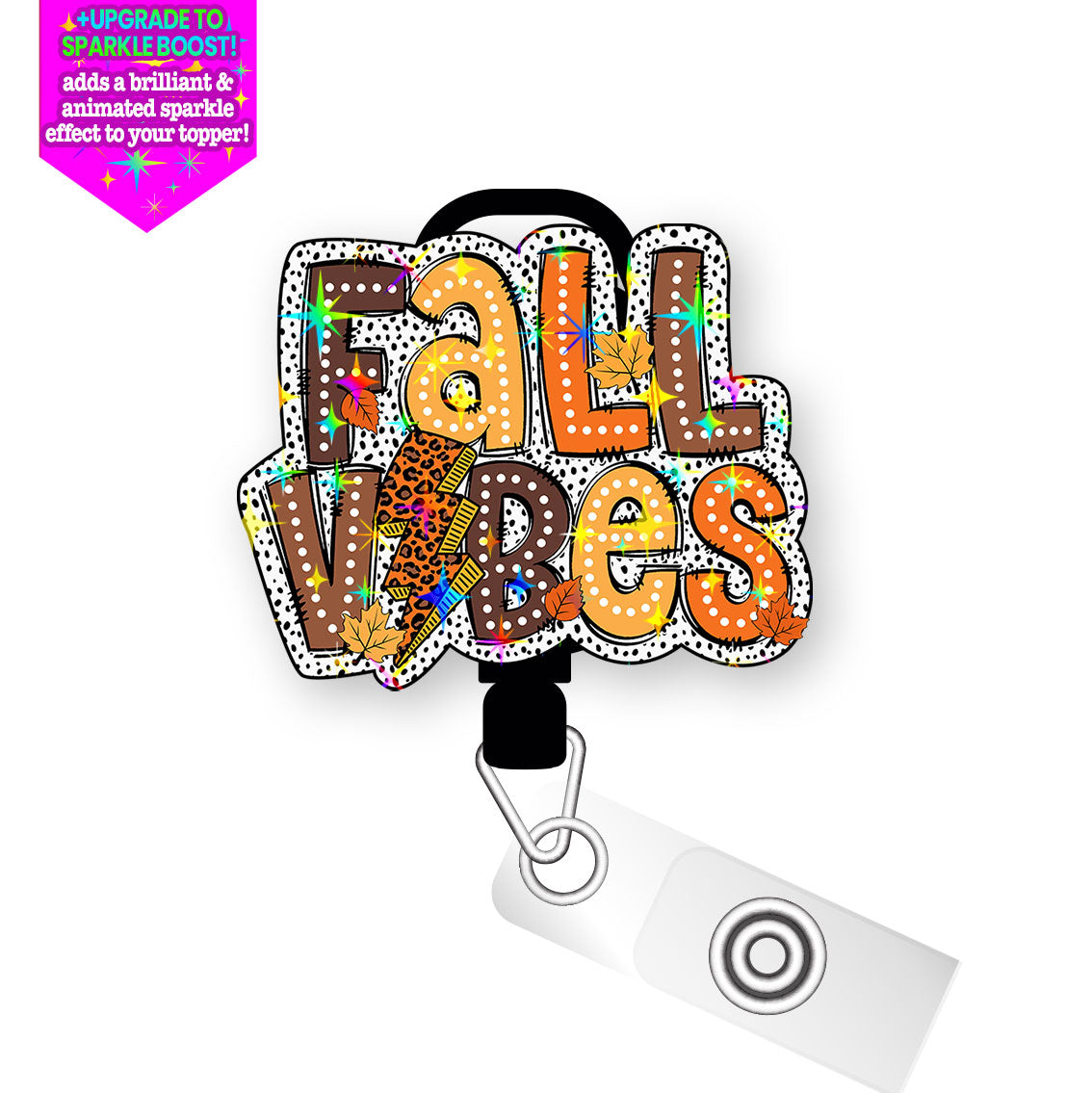 Fall Vibes Leopard Pop Topper Swapfinity Retractable ID Badge Reel - Slide Clip / Make it Sparkle - Topperswap