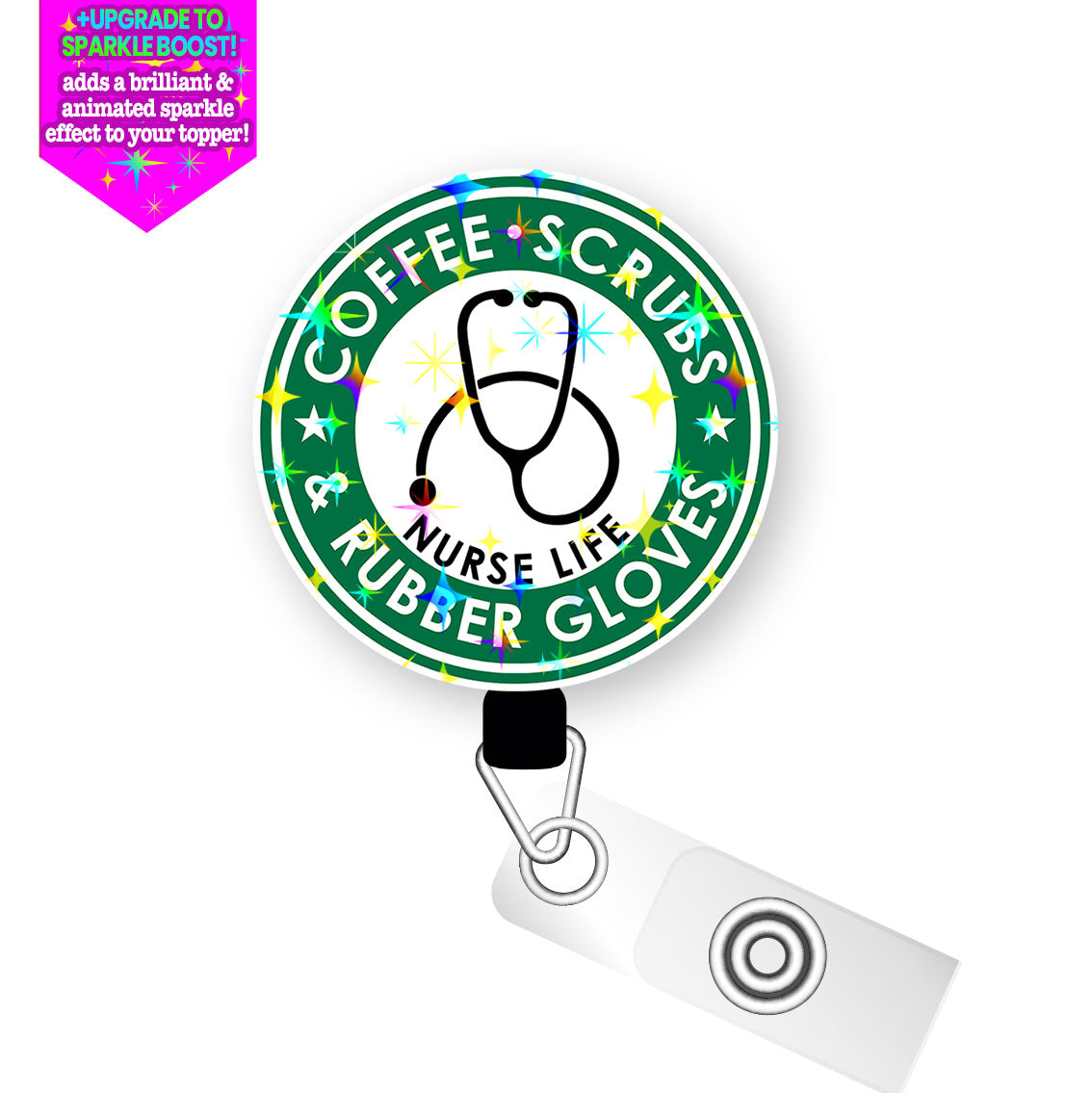 Coffee, Scrubs, Rubber Gloves Nurse Life Pop Topper Swapfinity Retractable ID Badge Reel -  - Topperswap