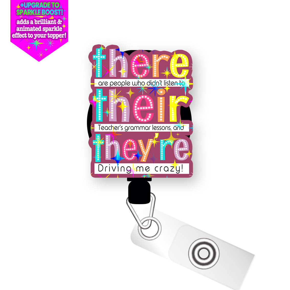 Grammar Guru Pop Topper Swapfinity Retractable ID Badge Reel - Slide Clip / Make it Sparkle - Topperswap