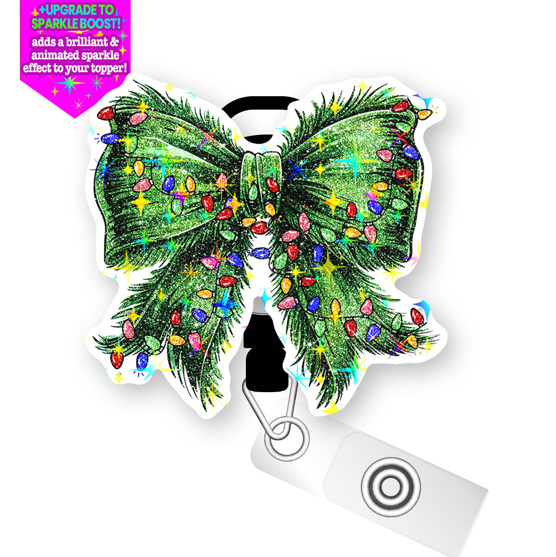 Festive Evergreen Bow Pop Topper Swapfinity Retractable ID Badge Reel - Slide Clip / Make it Sparkle - Topperswap