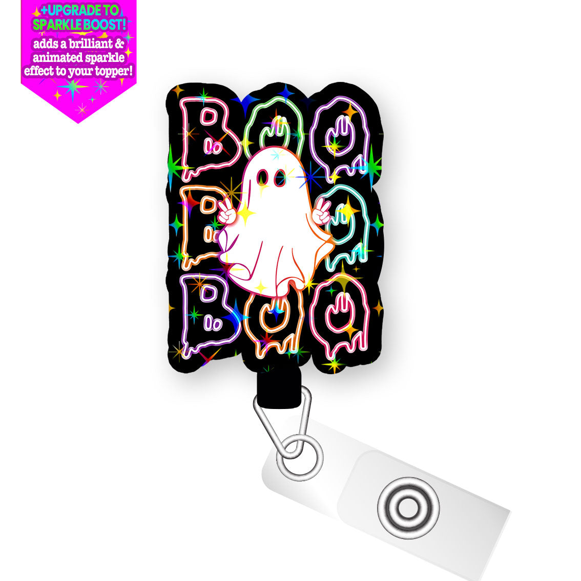 Neon Boo-tastic Ghost Pop Topper Swapfinity Retractable ID Badge Reel - Slide Clip / Make it Sparkle - Topperswap