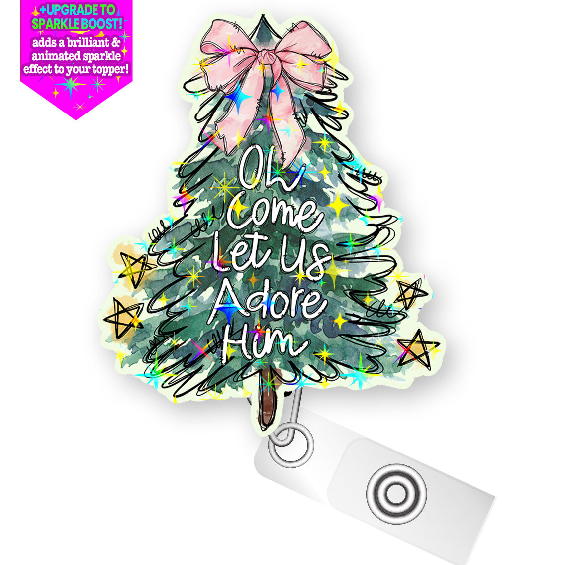 Oh Come Let Us Adore Him - Christmas Tree Pop Topper Swapfinity Retractable ID Badge Reel - Slide Clip / Make it Sparkle - Topperswap