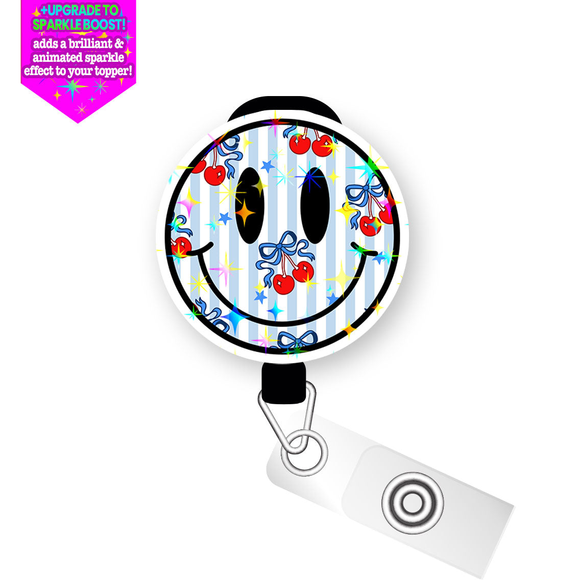 Cherry Bomb Smiley Pop Topper Swapfinity Retractable ID Badge Reel - - Topperswap