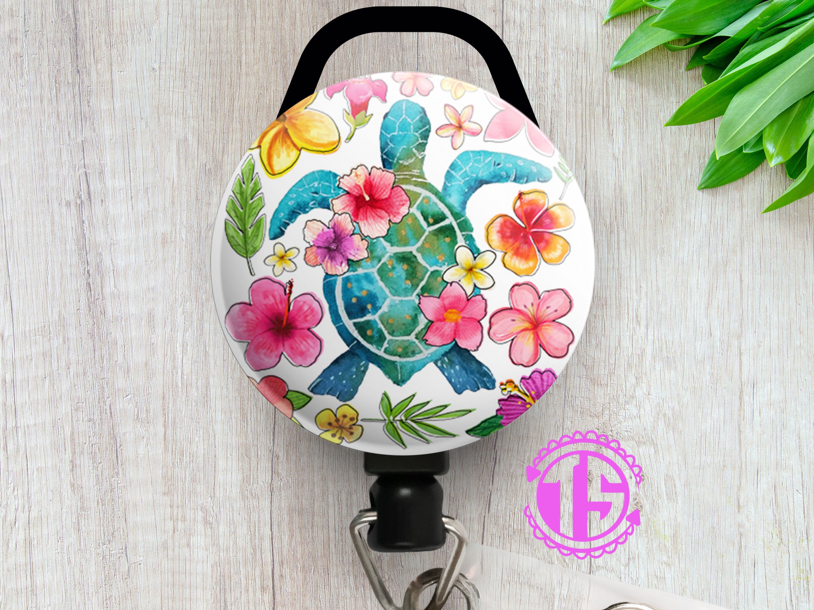 Tropical Turtle Bloom Swapfinity Retractable ID Badge Reel - Slide Clip / Black - Topperswap