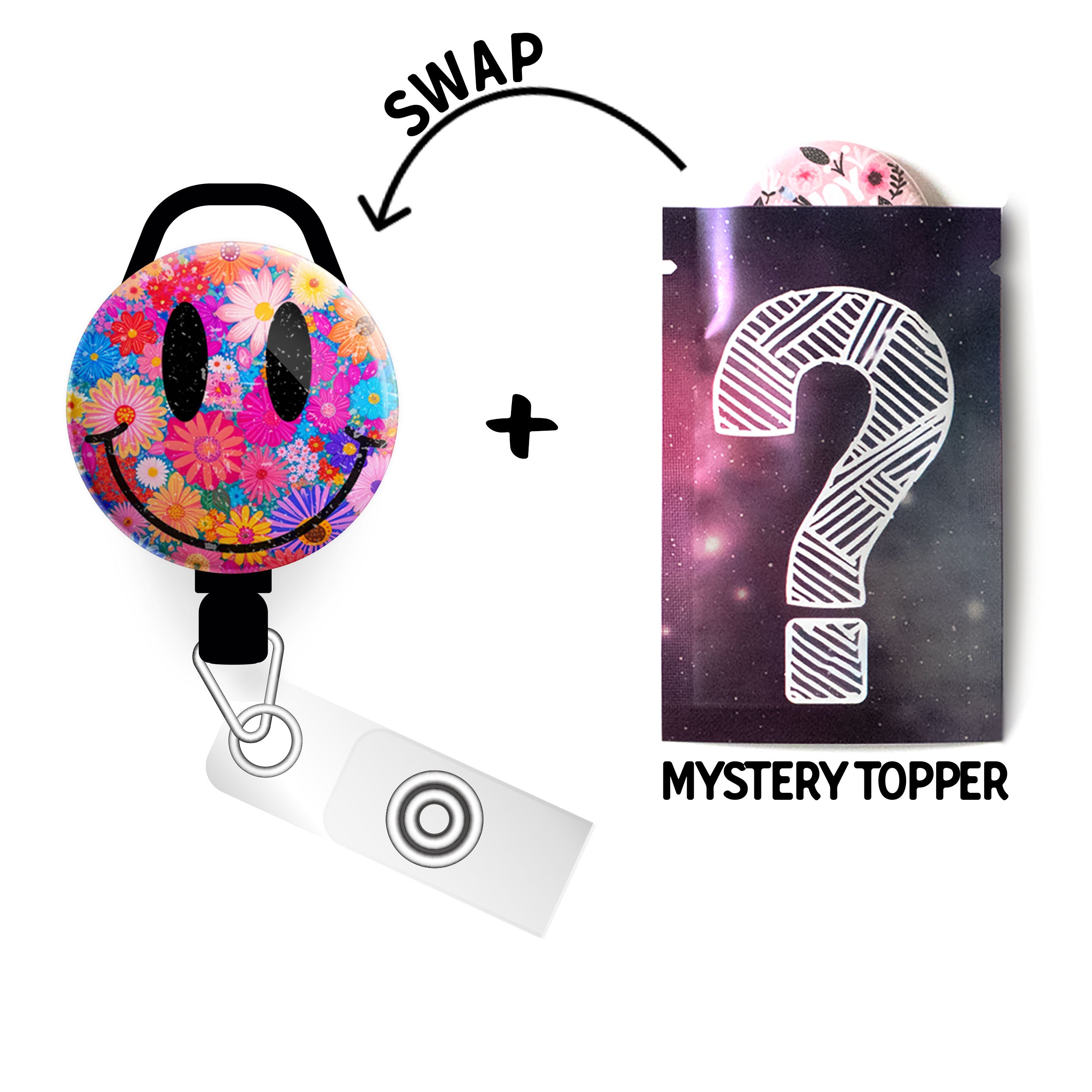 Flower Power Swapfinity Retractable ID Badge Reel - Slide+Mystery Topper / Black - Topperswap