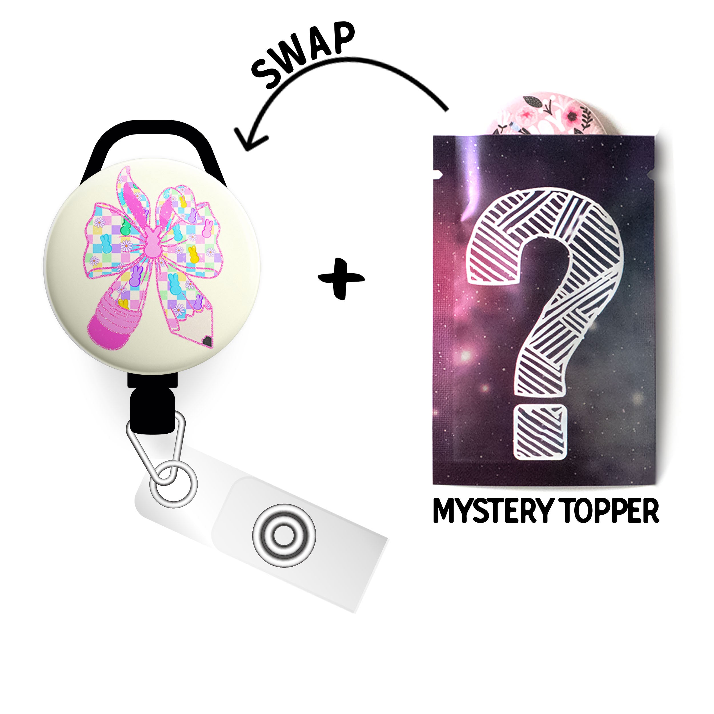 Bunny Bow Glitter Swapfinity Retractable ID Badge Reel - - Topperswap