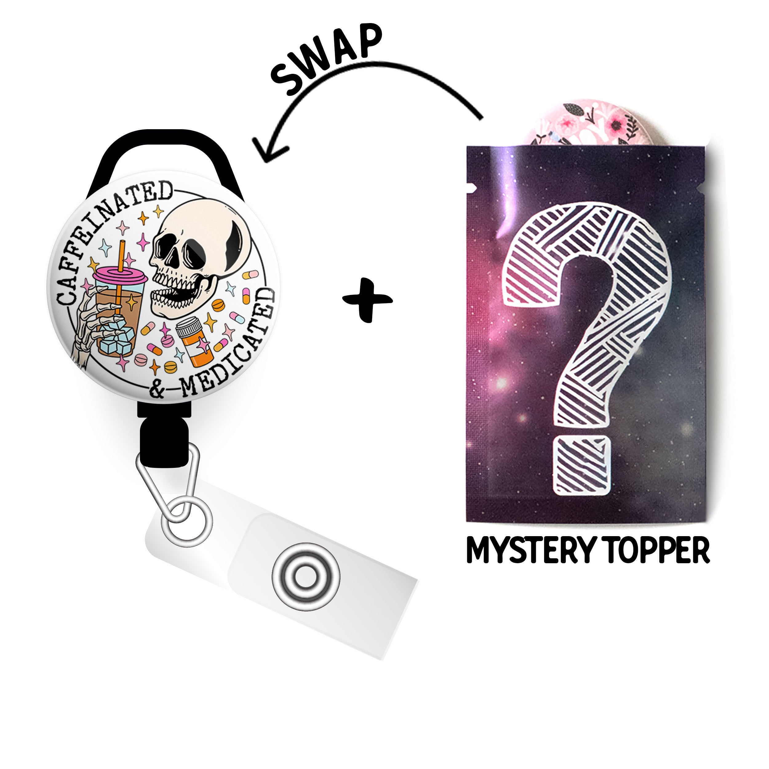 Caffeinated & Medicated Skull Swapfinity Retractable ID Badge Reel -  - Topperswap