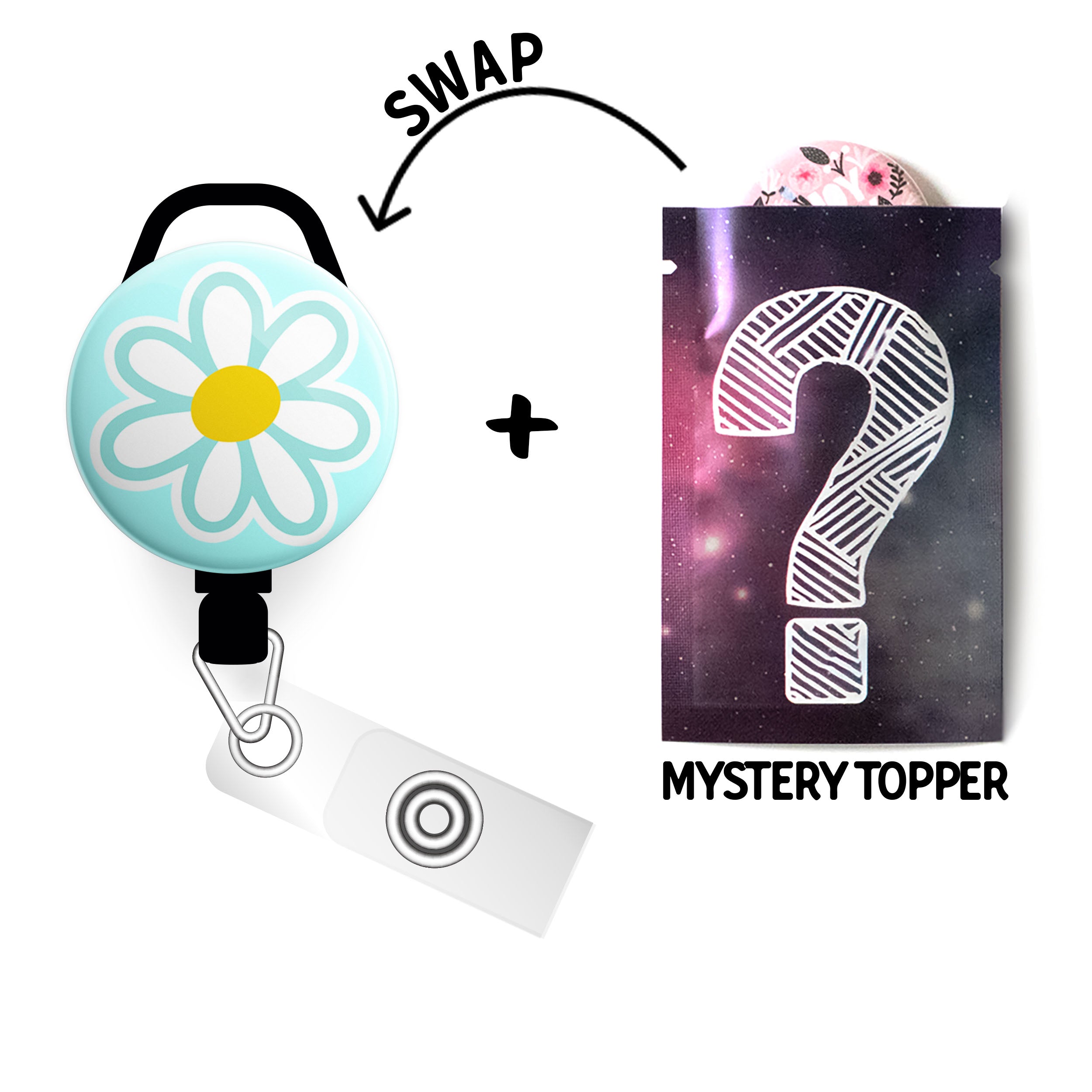 Daisy Delight Swapfinity Retractable ID Badge Reel - Slide+Mystery Topper / Black - Topperswap