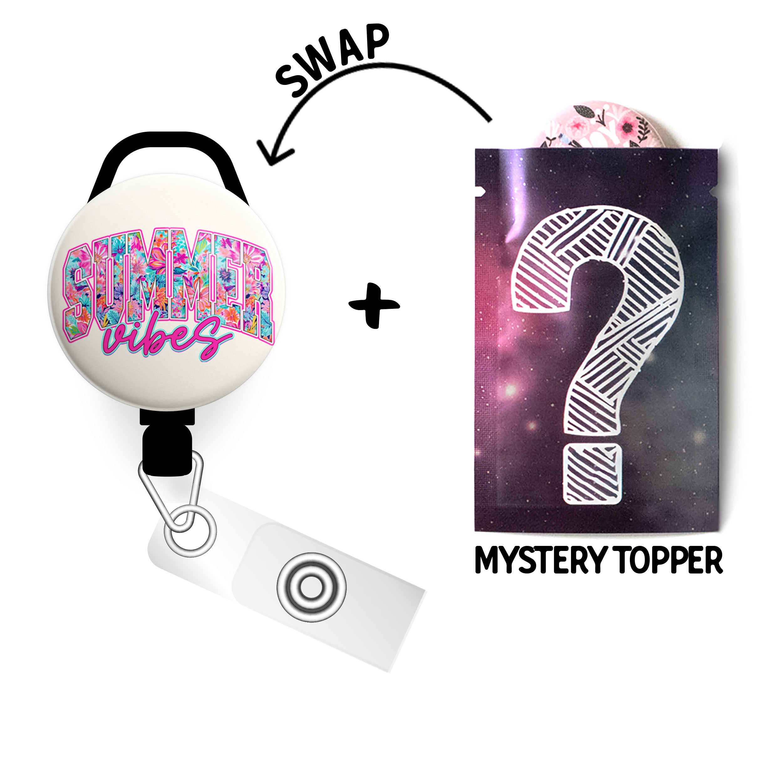 Summer Vibes Swapfinity Retractable ID Badge Reel - Slide+Mystery Topper / Black - Topperswap
