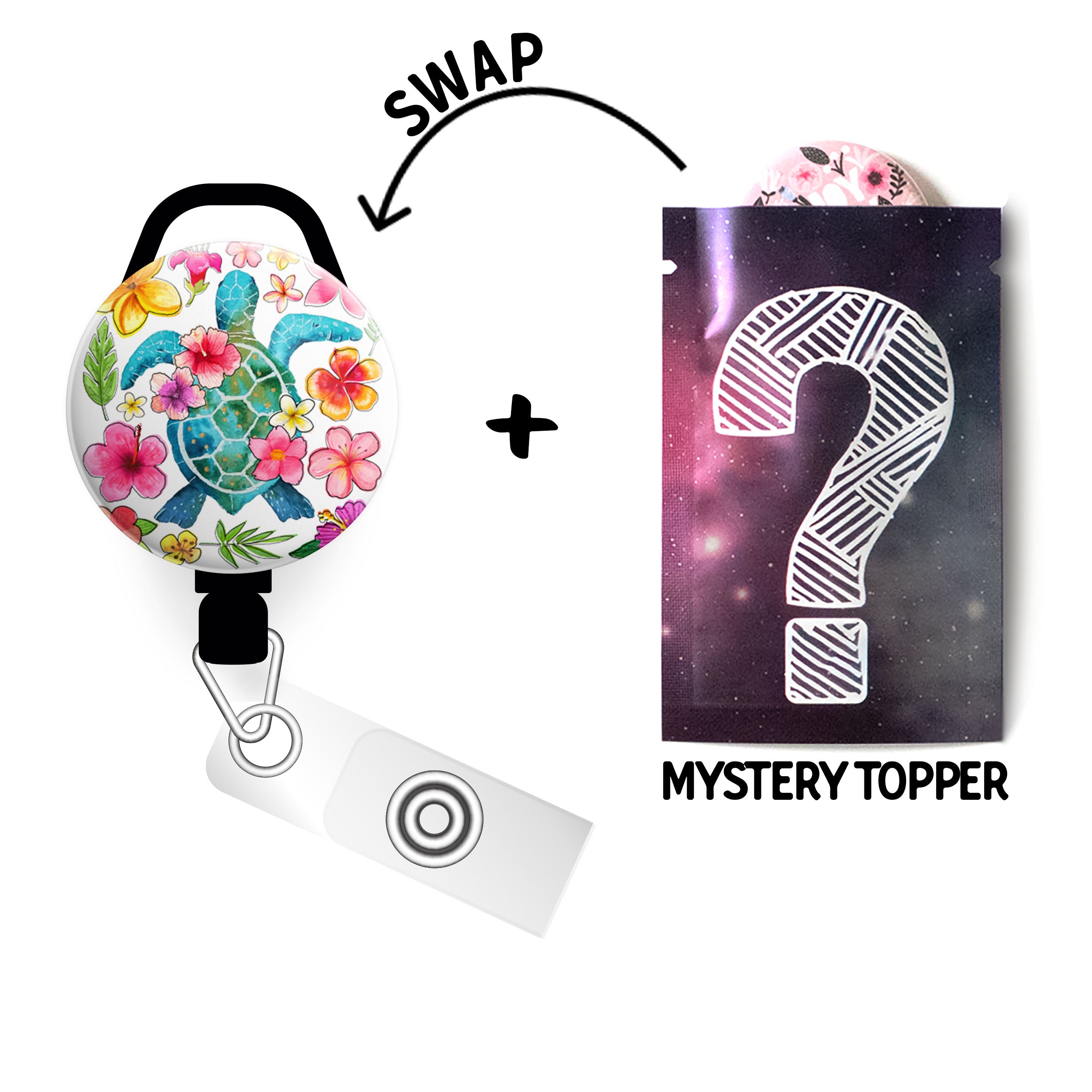 Tropical Turtle Bloom Swapfinity Retractable ID Badge Reel - Slide+Mystery Topper / Black - Topperswap