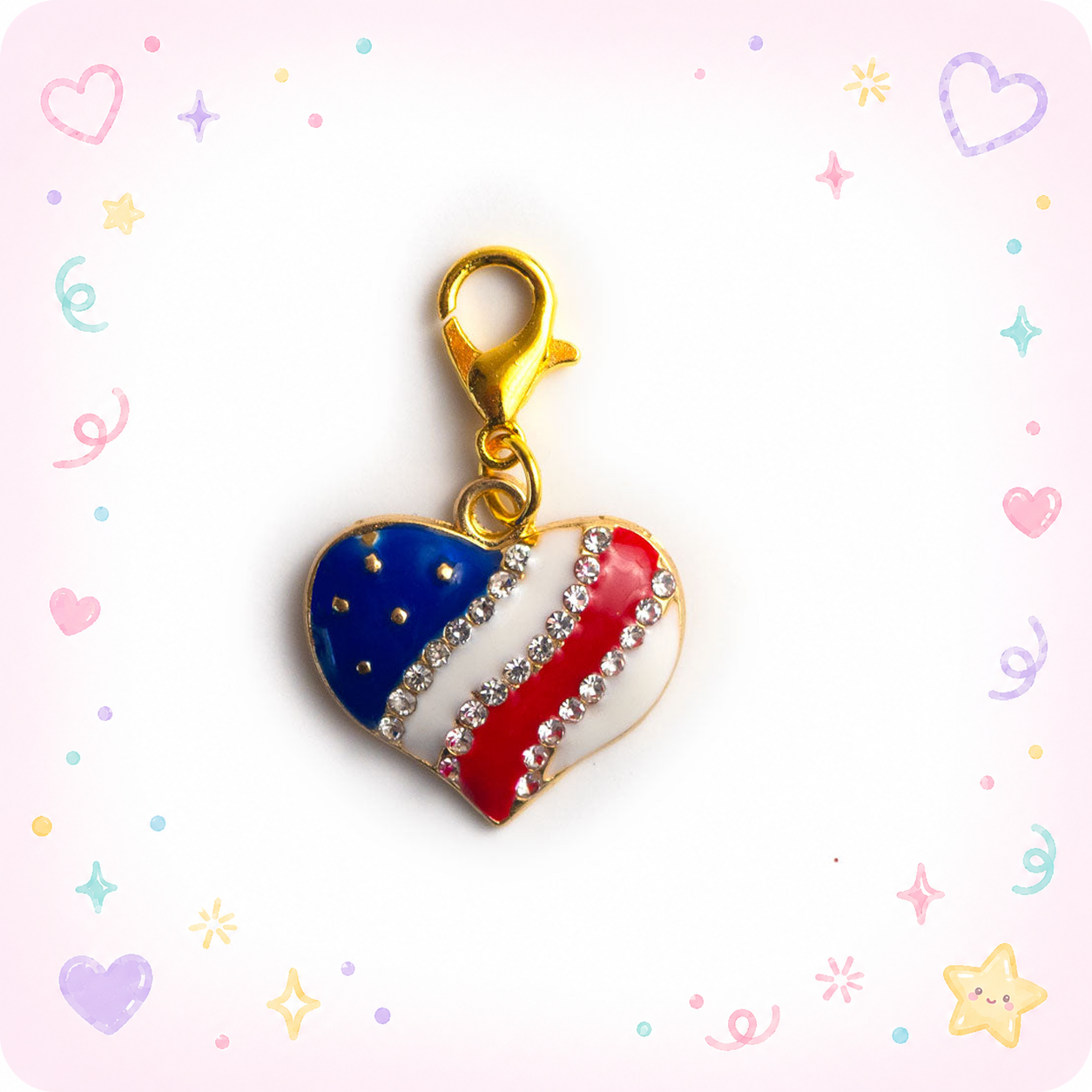 American Flag Sparkling Heart Charm Badge Reel Add-on - - Topperswap