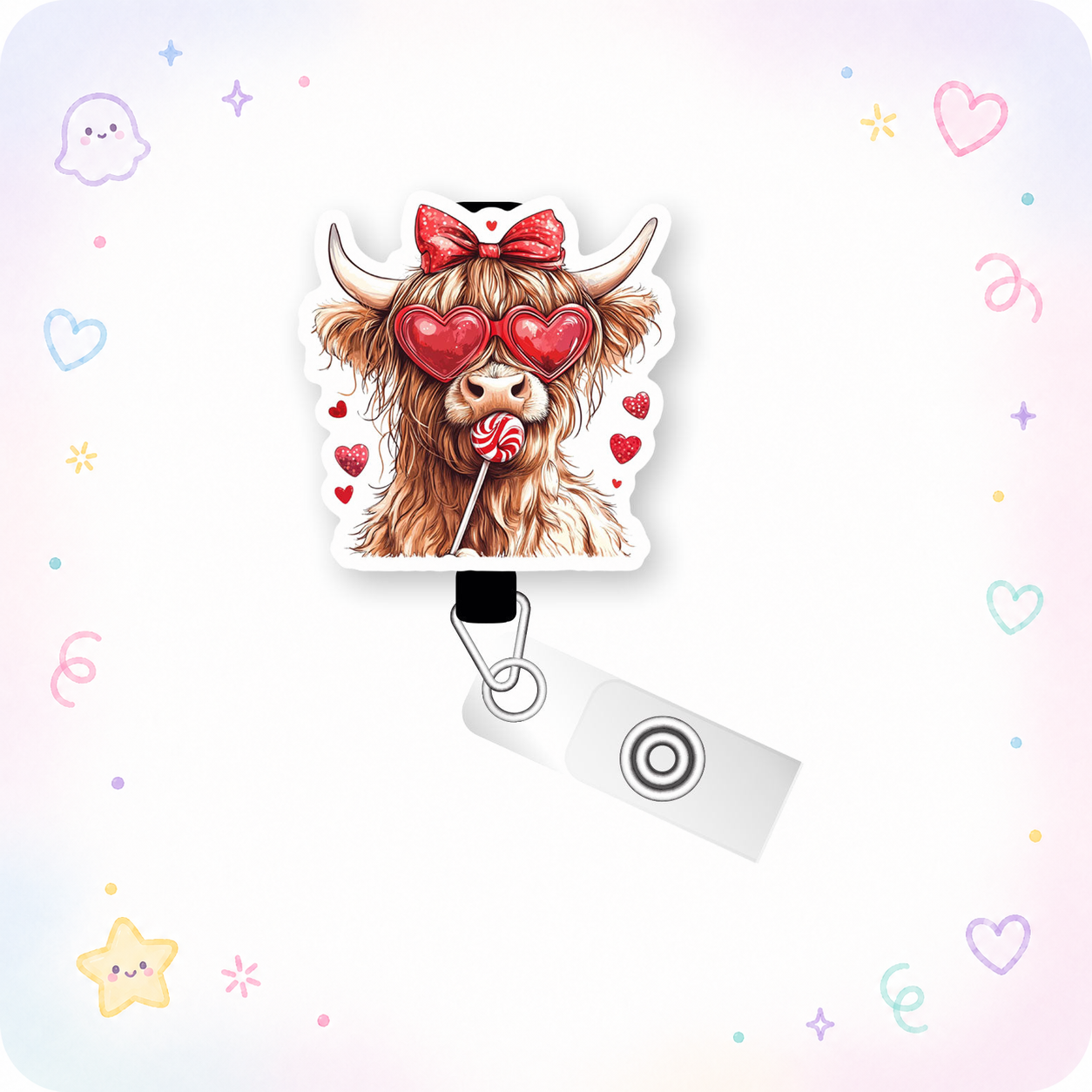 Sweetheart Highland Cow Pop Topper Swapfinity Retractable ID Badge Reel - - Topperswap