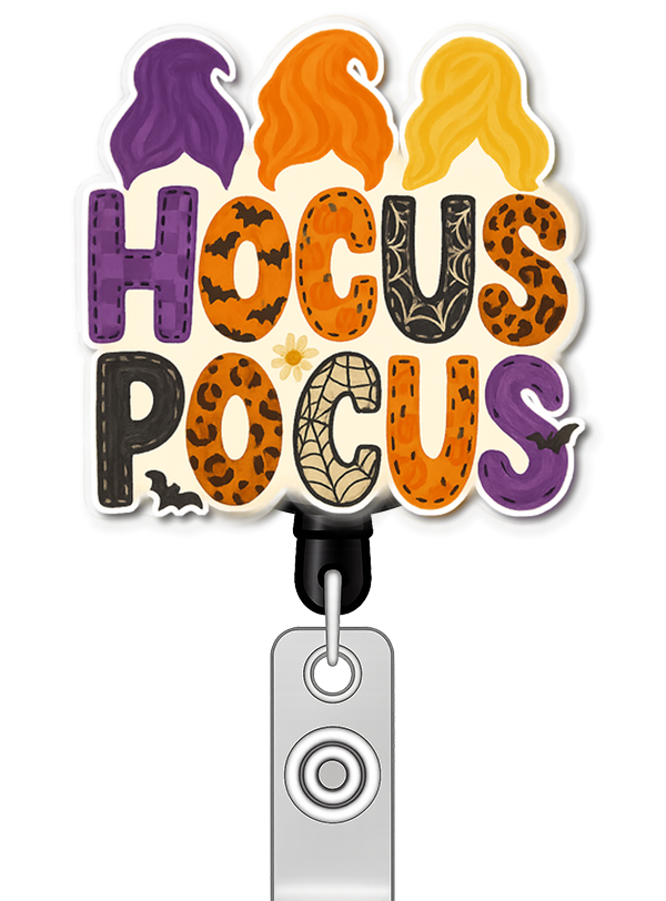 Custom Design – Halloween word art “Hocus Pocus” with bold patterned letters… - Badge Reel (Alligator, Black) - Topperswap
