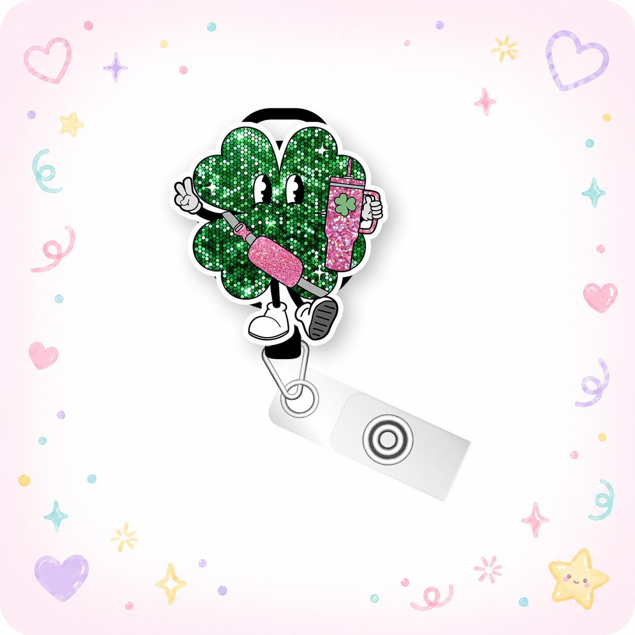 Glitter Shamrock Diva Pop Topper Swapfinity Retractable ID Badge Reel - - Topperswap