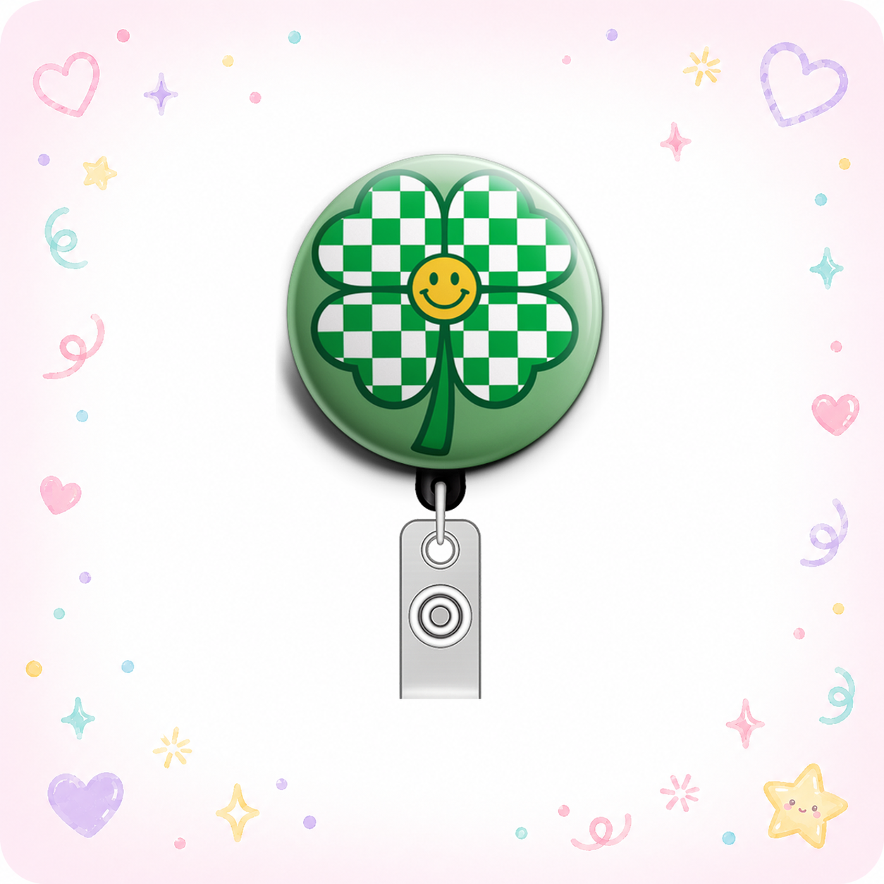 Checkered Groovy Clover Smiley ☘️😊 Swapfinity Retractable ID Badge Reel - - Topperswap
