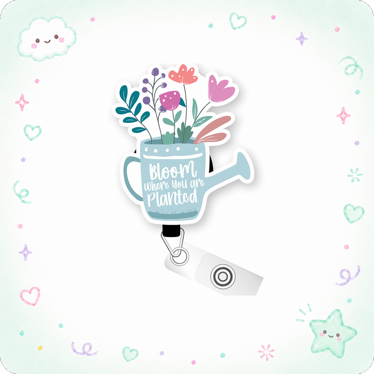 Watering Can Wisdom – Bloom Where You Are Planted Pop Topper Swapfinity Retractable ID Badge Reel - - Topperswap