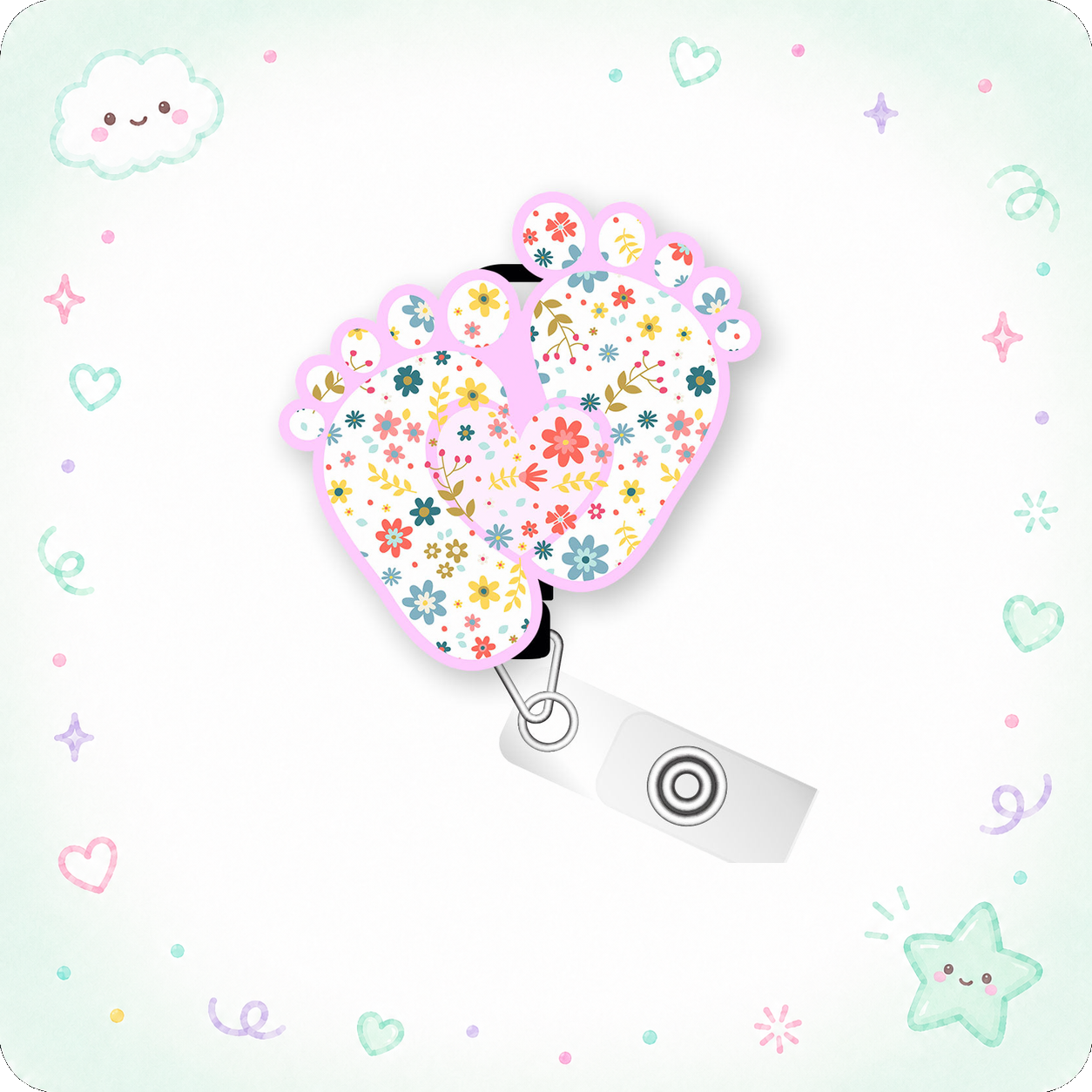 Baby Feet Floral Pop Topper Swapfinity Retractable ID Badge Reel - - Topperswap