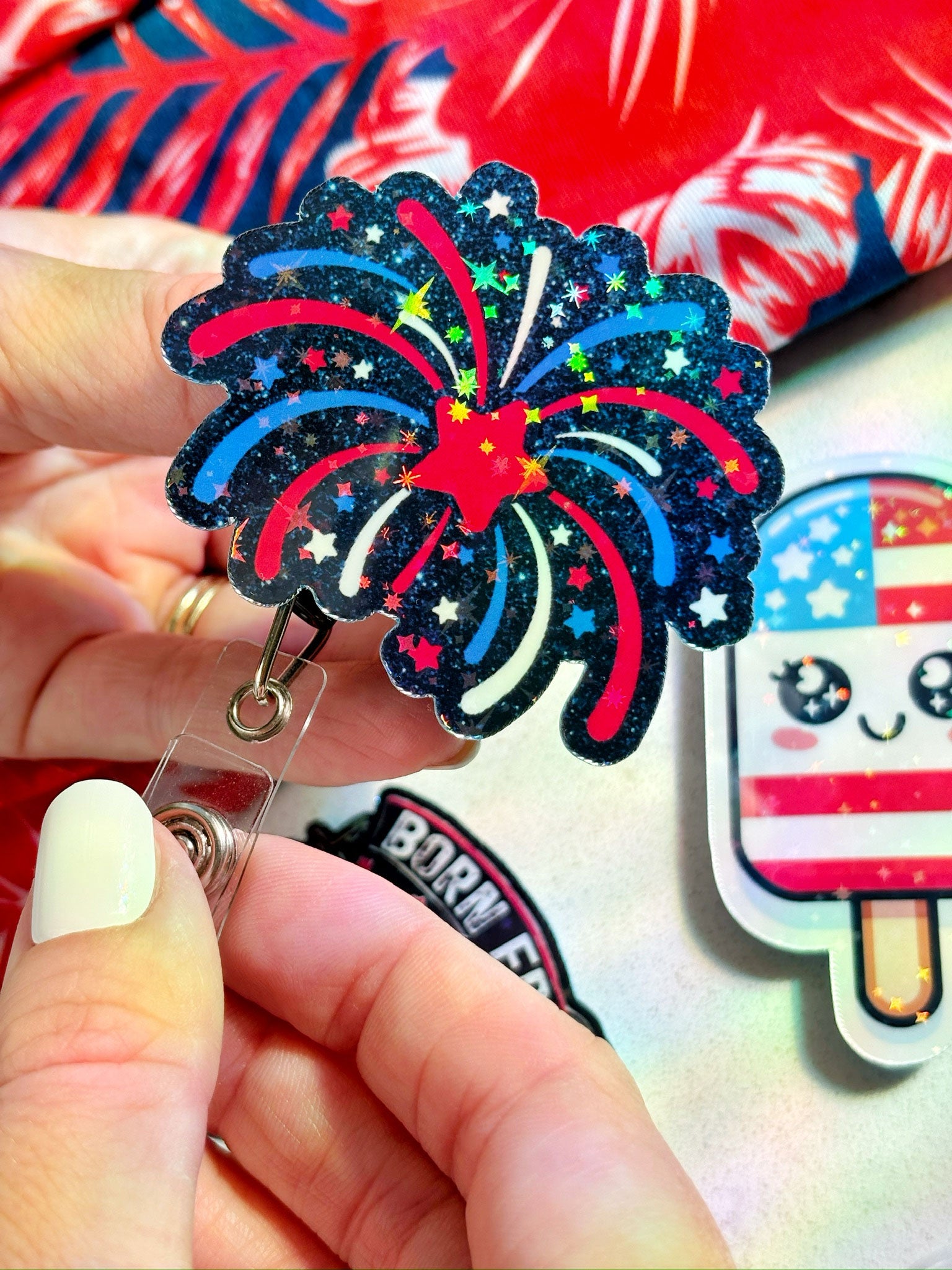 4th of July Fireworks Frenzy Pop Topper Swapfinity Retractable ID Badge Reel -  - Topperswap