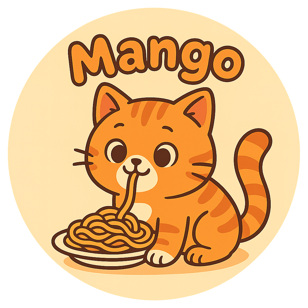 Mango eating spaghetti like Garfield