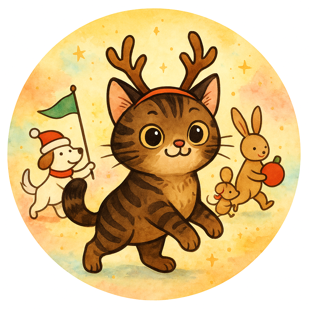 my pet wearing reindeer antlers, leading a jolly holiday par…