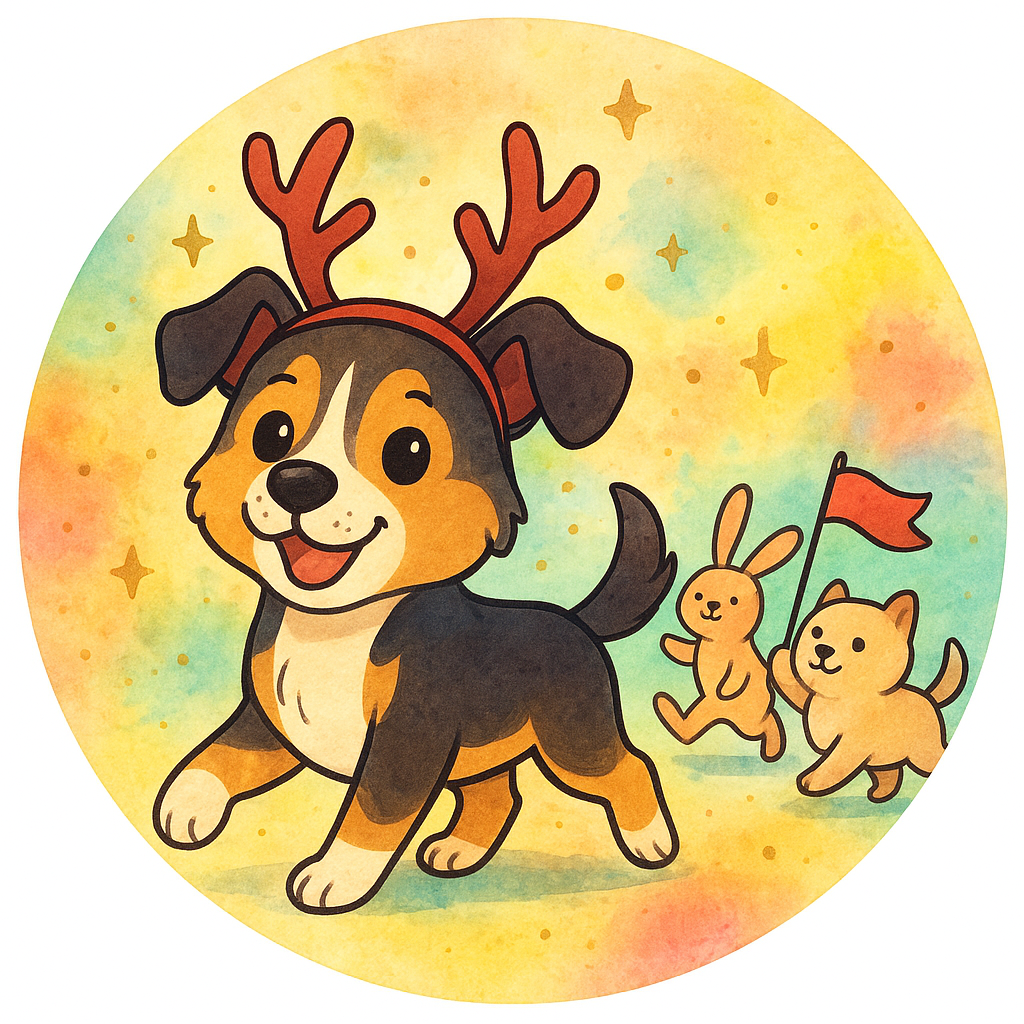 my pet wearing reindeer antlers, leading a jolly holiday par…