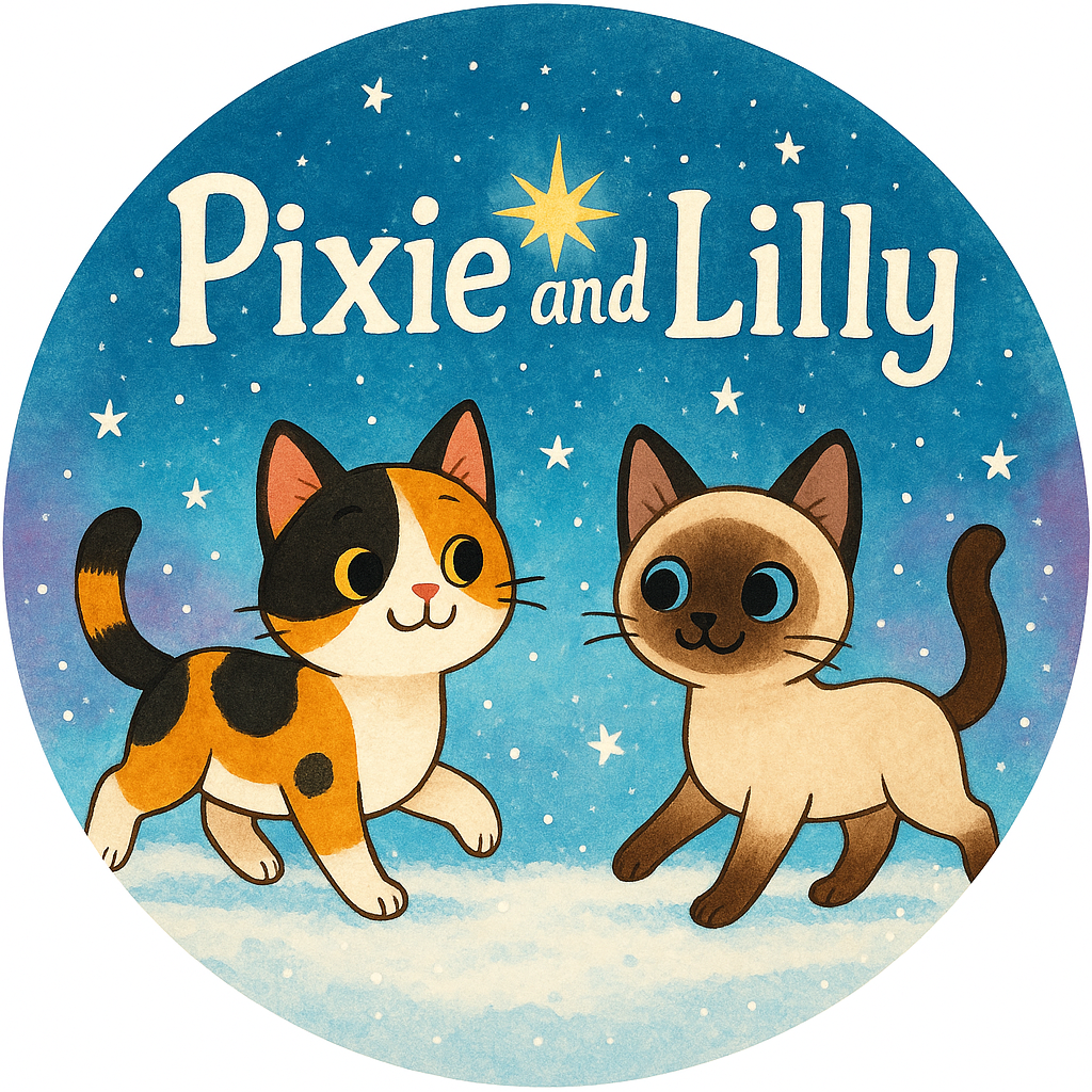 Pixie and Lilly  frolicking in snowflakes under a twinkling…