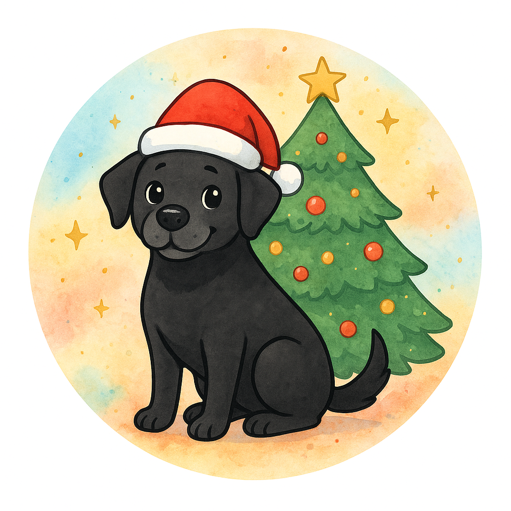 My pet with a Santa hat on and a Christmas tree behind her