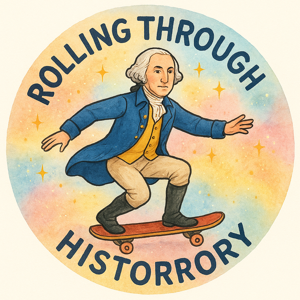 George Washington riding a skateboard with text 'Rolling Thr…