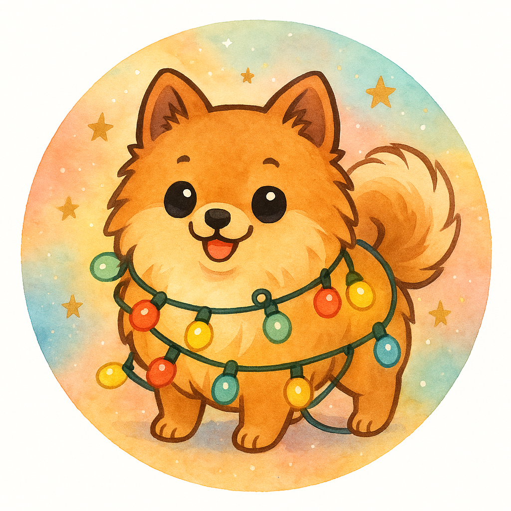 my pet wrapped in twinkling Christmas tree lights