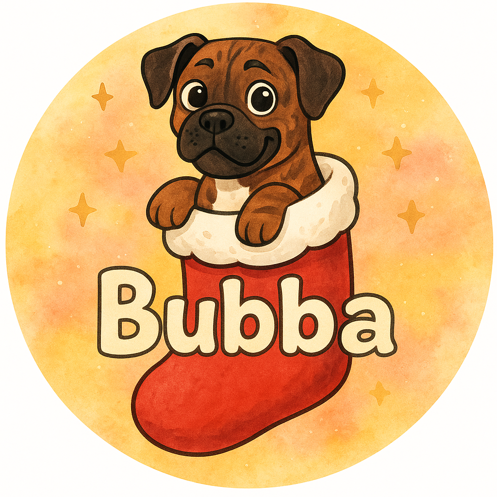 Bubba snuggled in a giant Christmas stocking