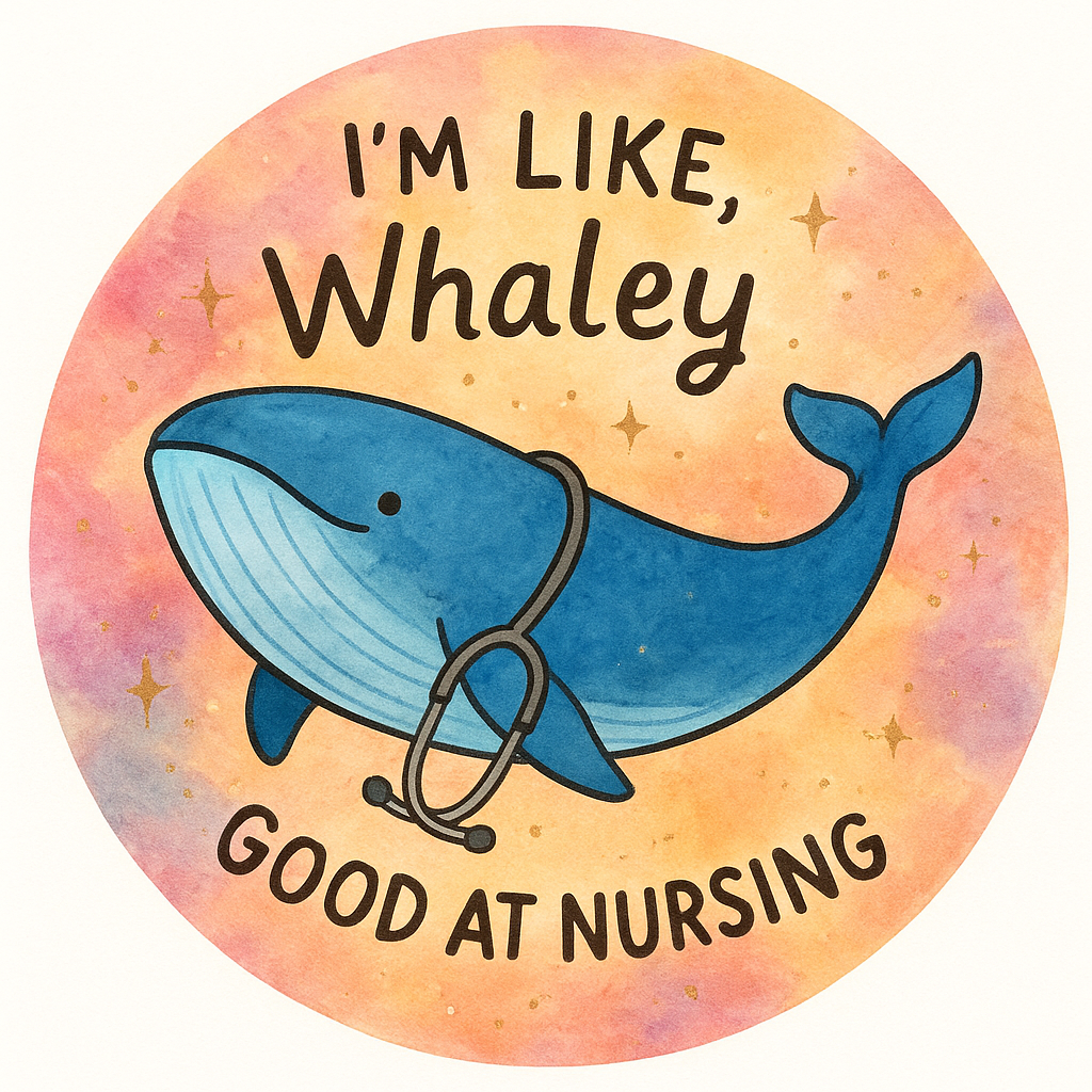 A whale with a stethoscope with the caption I’m like, Whaley…