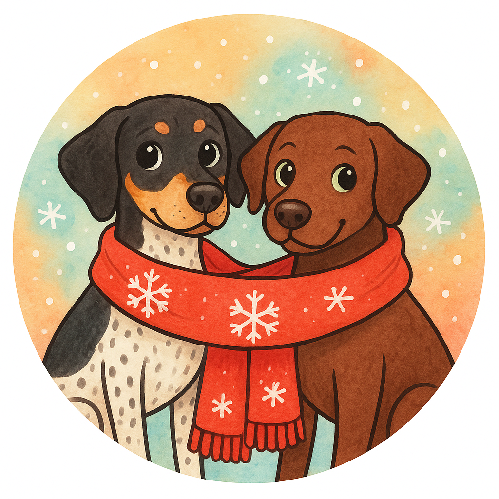 my pets wearing a cozy scarf with snowflakes falling