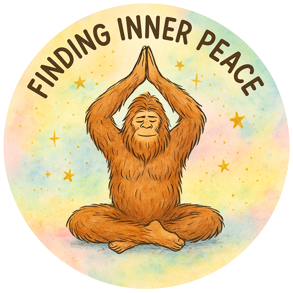 Bigfoot in a yoga pose with text 'Finding Inner Peace'