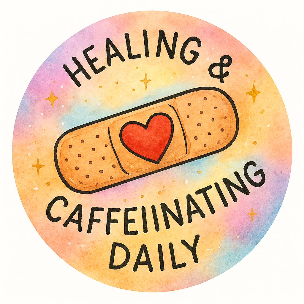 Band-Aid with heart and text 'Healing & Caffeinating Daily'