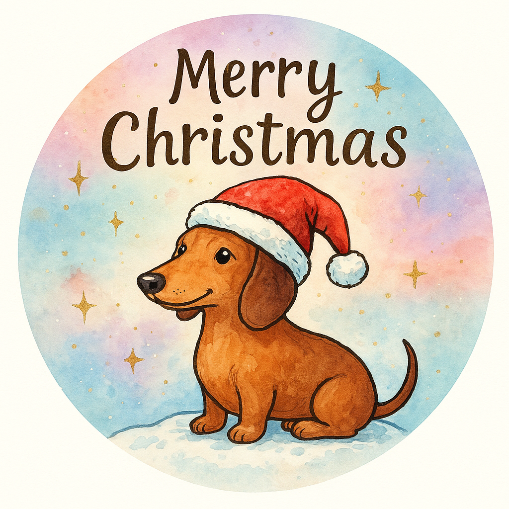 Dachsund wearing a christmas hat sitting on a snowbank with…