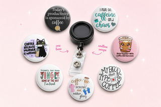 Coffee Lover Badge Reel Starter Kit — 1 Reel + 7 Swap-On Toppers