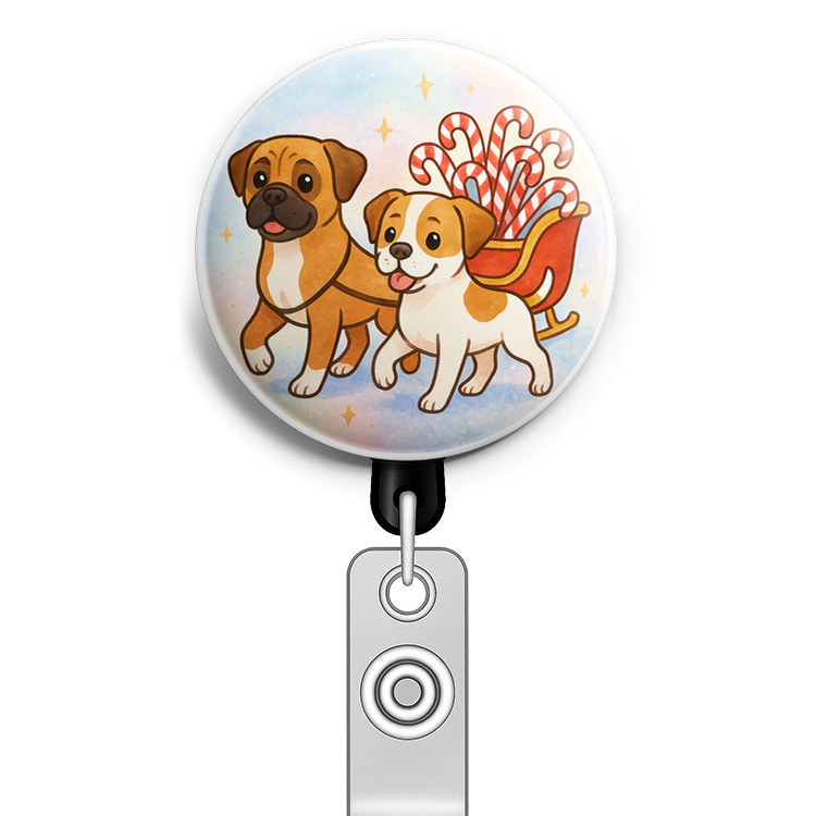 Custom Design – my pets pulling a sleigh full of candy canes - Badge Reel (Alligator, Black) - Topperswap