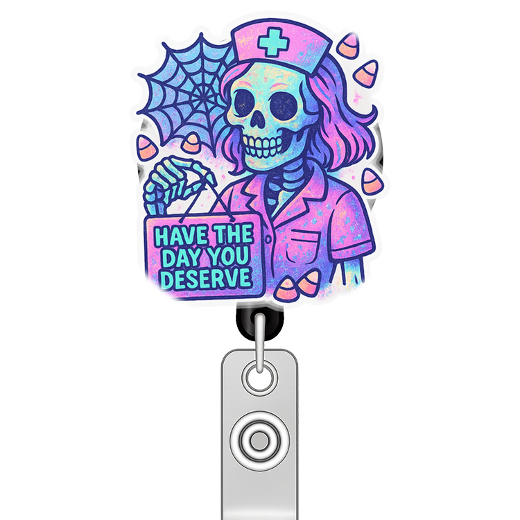 Custom Design – A smirking skeleton nurse surrounded by cobwebs and candy co… - - Topperswap