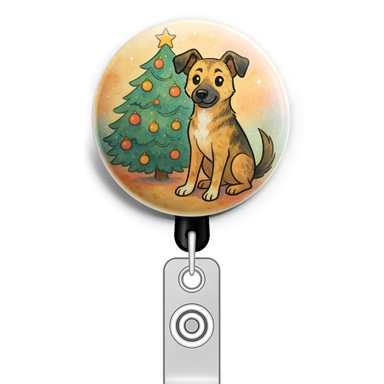 Custom Design – Sitting in front of Christmas tree - Badge Reel (Alligator, Black) - Topperswap