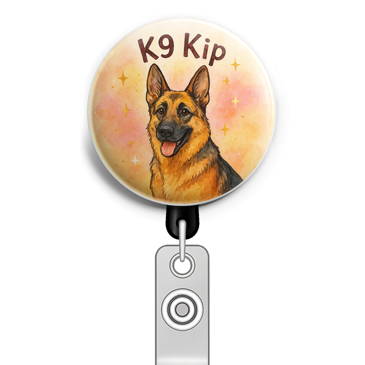 Custom Design – K9 Kip written above him - Badge Reel (Alligator, Black) - Topperswap