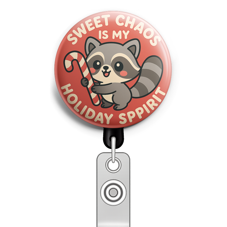 Custom Design – Raccoon with a candy cane: 'Sweet chaos is my holiday spirit… - Badge Reel (Alligator, White) - Topperswap