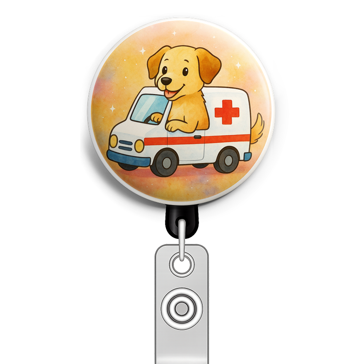 Custom Design – My pet driving an ambulance - Badge Reel (Alligator, Black) - Topperswap