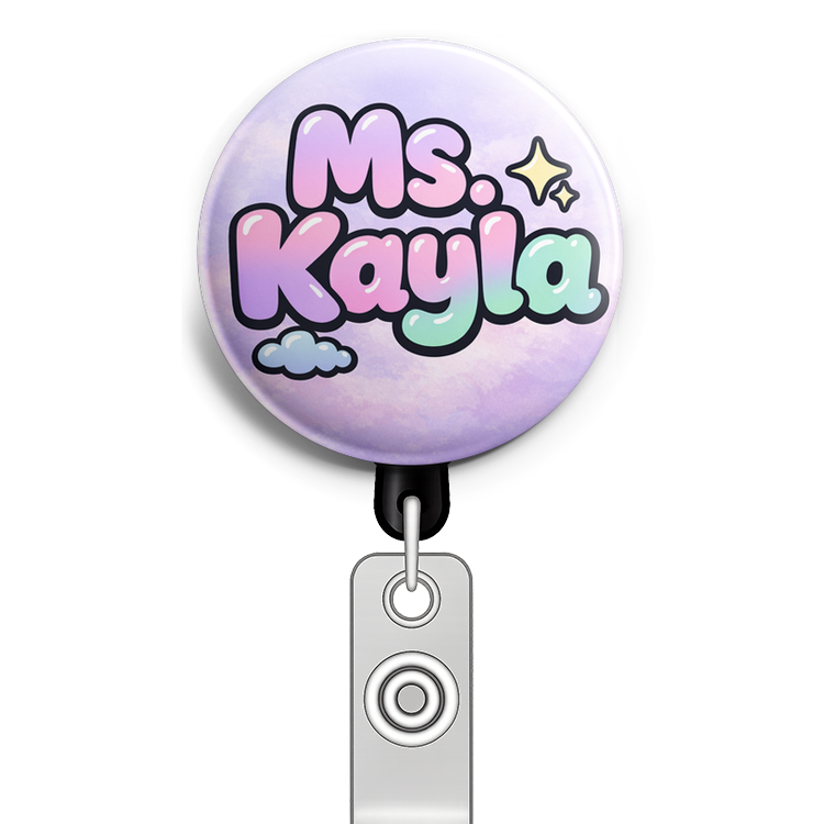 Design a circular badge featuring the name 'Ms. Kayla' as th… - Badge Reel